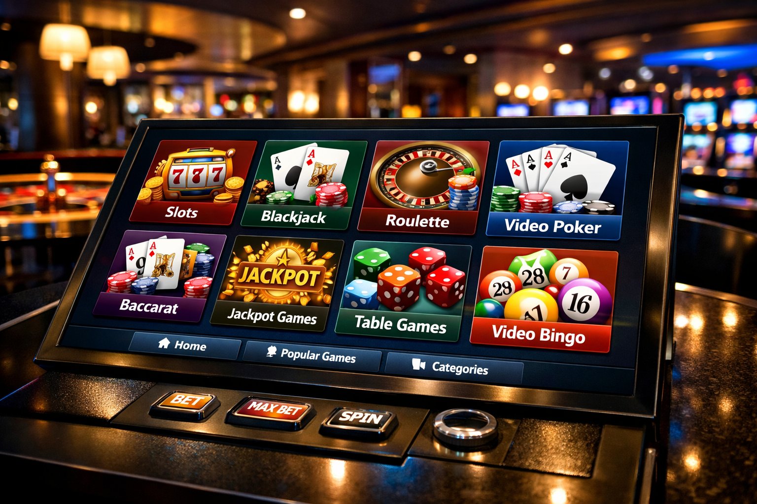 A Digital Casino Game Selection Screen Showing Various Casino Games In A Modern Casino Setting.