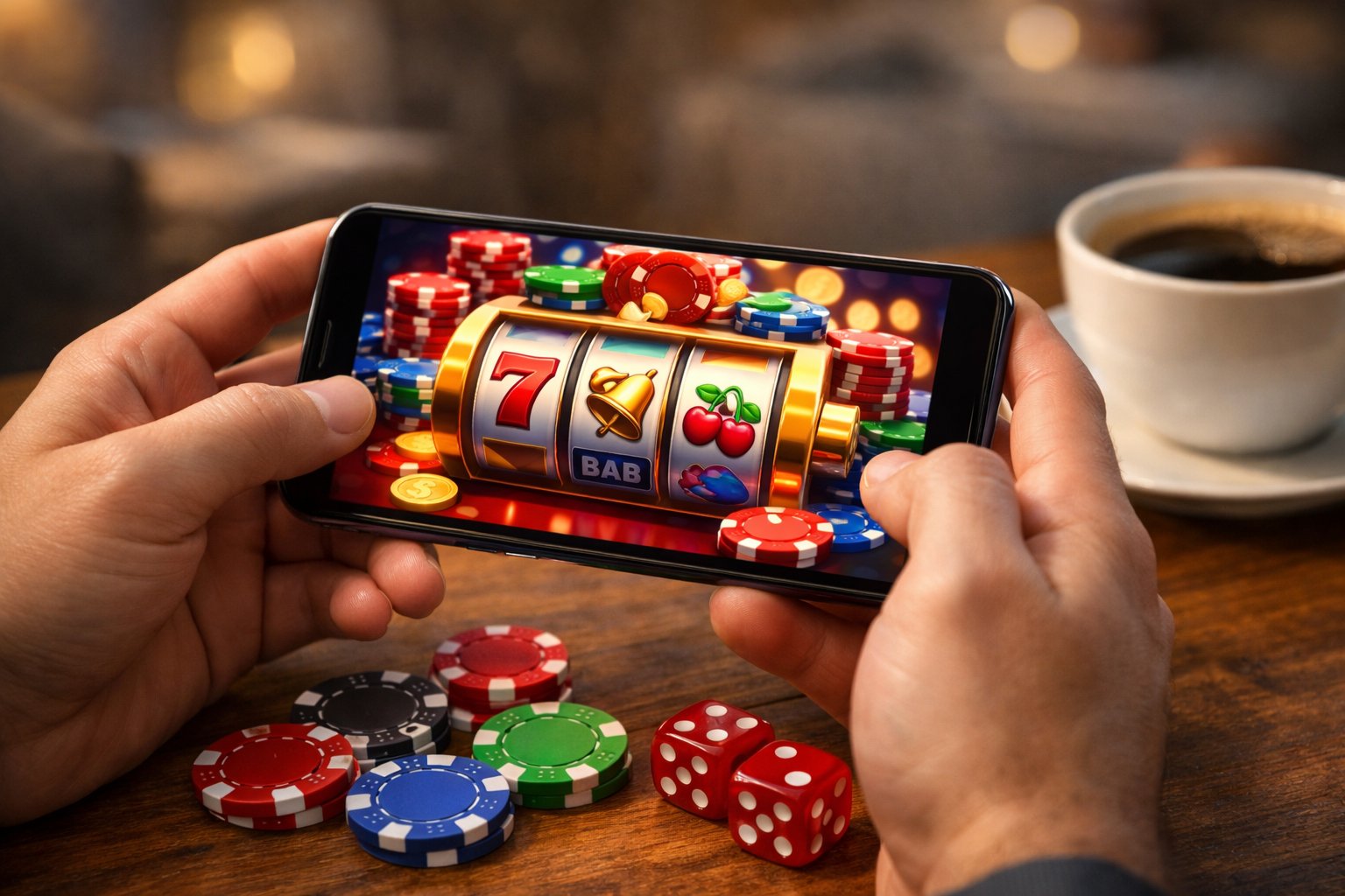 CloseUp Of Hands Holding A Smartphone Showing A Colorful Casino Game With Poker Chips And Dice On A Table Nearby.