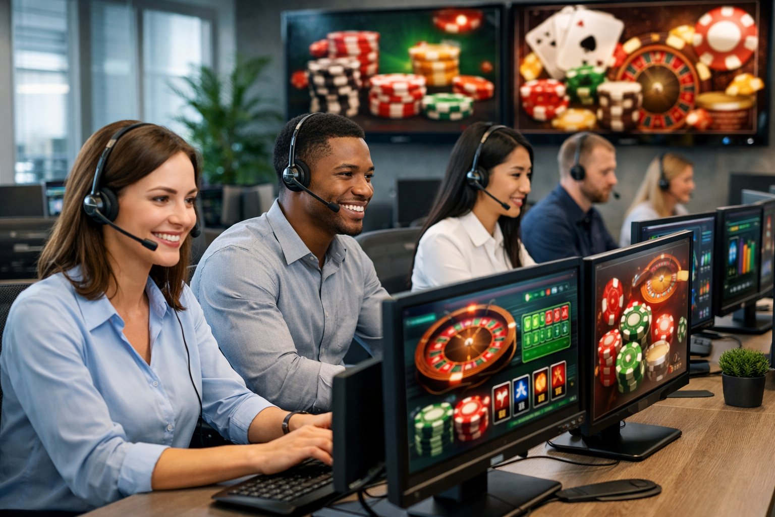 A Team Of Customer Support Agents Wearing Headsets Working At Computers In A Modern Office Environment.