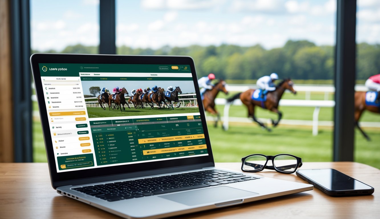 Seorang pria menggunakan laptop di meja kayu dengan layar menampilkan platform taruhan balap kuda online, di latar belakang terlihat lintasan balap kuda dengan kuda yang sedang berlari.