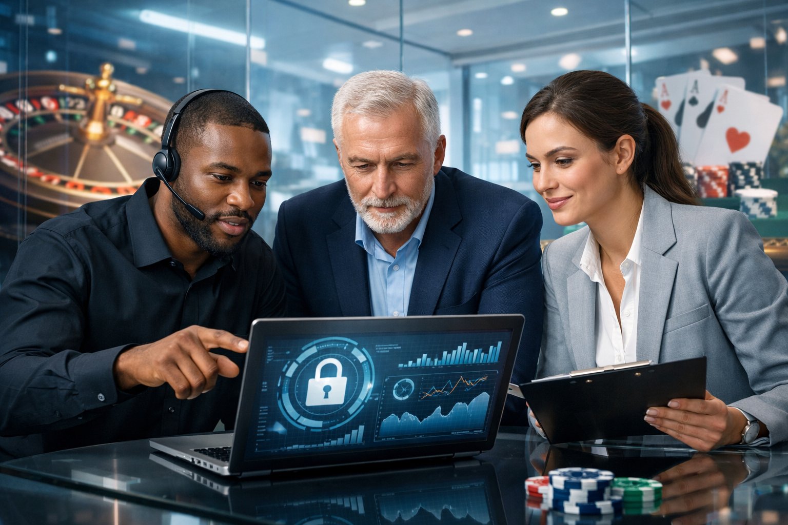 A Group Of Professionals Discussing Online Casino Security And Fairness In A Modern Office With Digital Screens And Casino Game Elements In The Background.