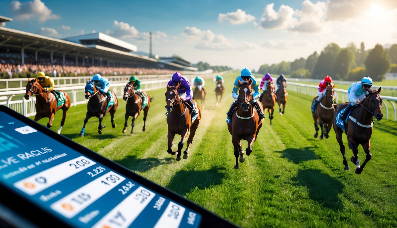 Lomba pacuan kuda dengan kuda-kuda berlari cepat dan penonton menyaksikan di tribun.