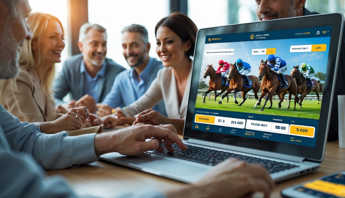 Orang-orang sedang menggunakan komputer untuk bertaruh pada balap kuda online dengan suasana penuh semangat dan fokus.