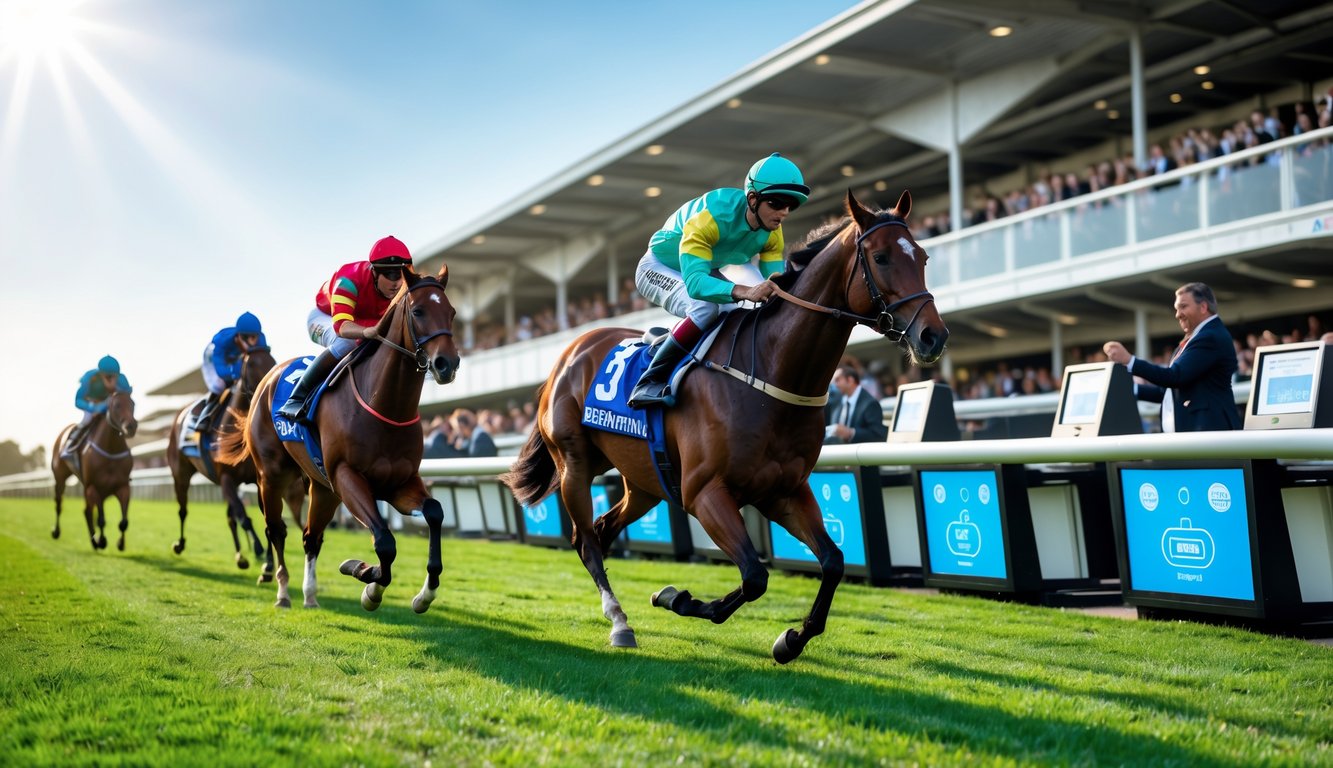 Beberapa kuda pacu dengan joki sedang berlari di lintasan balap kuda dengan tribun penuh penonton dan area taruhan di latar belakang.
