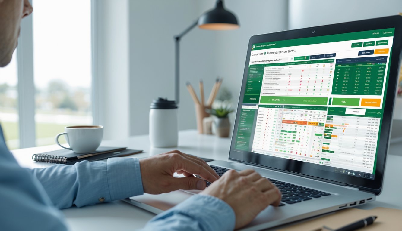 Seseorang menggunakan komputer untuk melihat data balap kuda secara online di ruang kerja yang rapi.