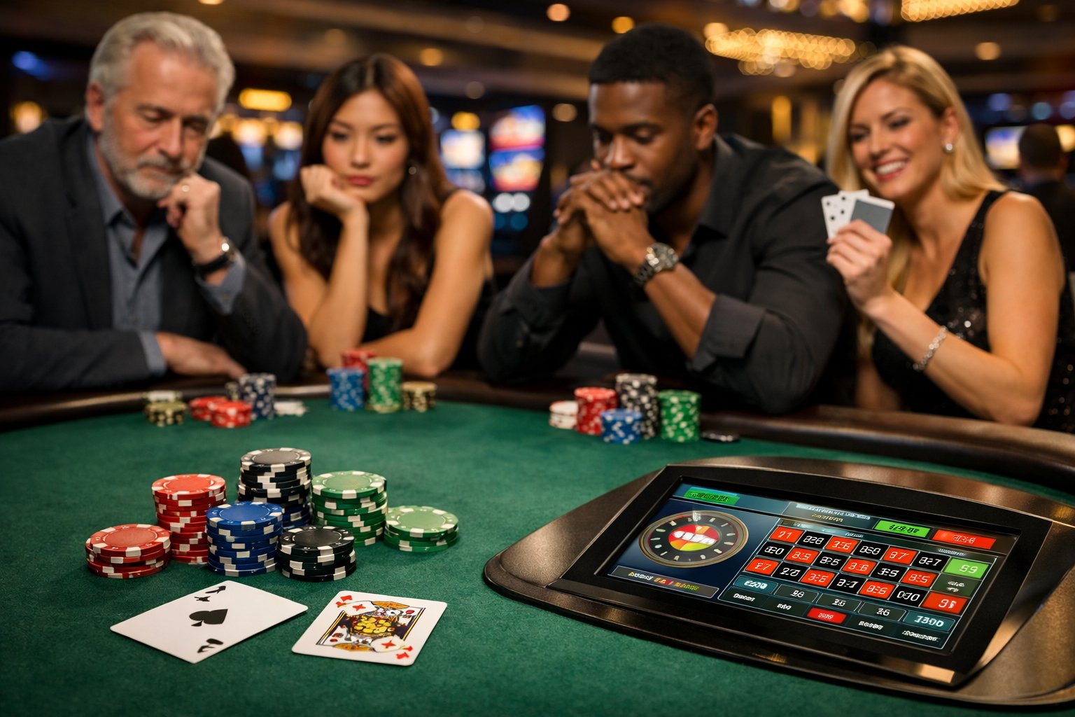 A Casino Scene With People Playing Poker At A Gaming Table With Chips And Cards, Showing Thoughtful And Excited Expressions.