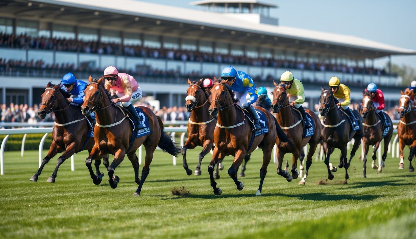 Beberapa kuda pacuan dengan joki sedang berlari cepat di lintasan pacu dengan penonton di tribun dan langit cerah.