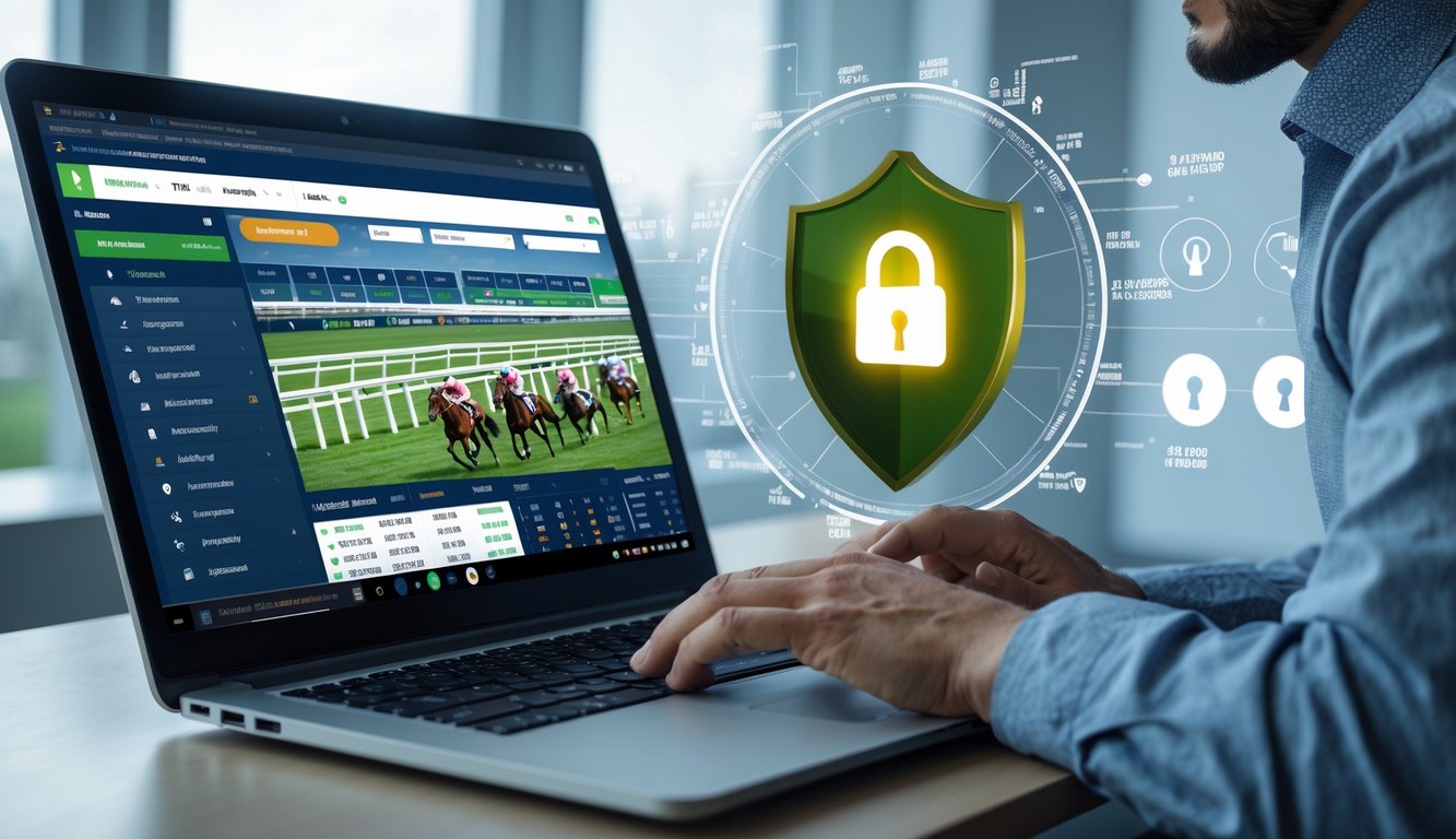 Seseorang menggunakan laptop dengan tampilan balap kuda dan simbol keamanan data di meja kerja modern.