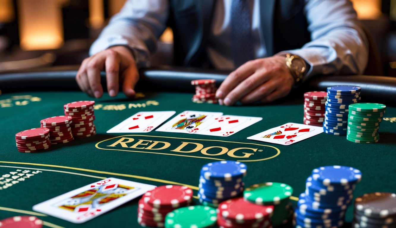 Meja poker dengan kartu dan chip, seorang pemain sedang memasang taruhan di kasino.