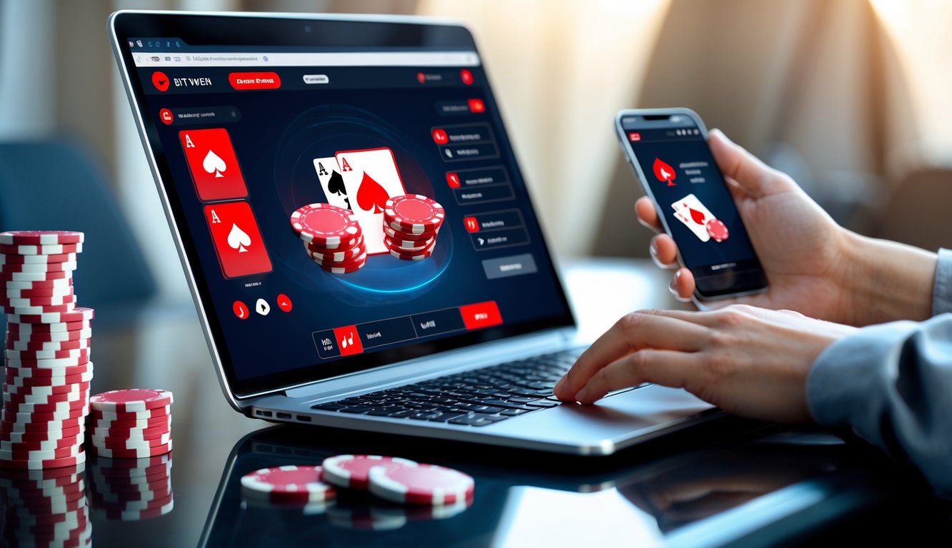 Seseorang sedang bermain poker online dengan laptop dan chip poker di meja.