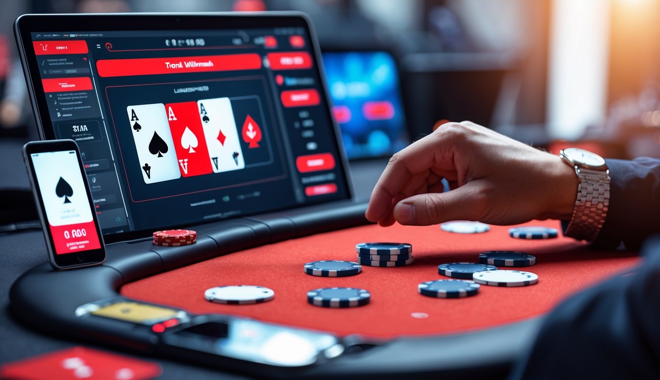 Tampilan meja poker digital dengan chip dan kartu, tangan pemain sedang berinteraksi, serta smartphone menunjukkan konfirmasi transaksi.