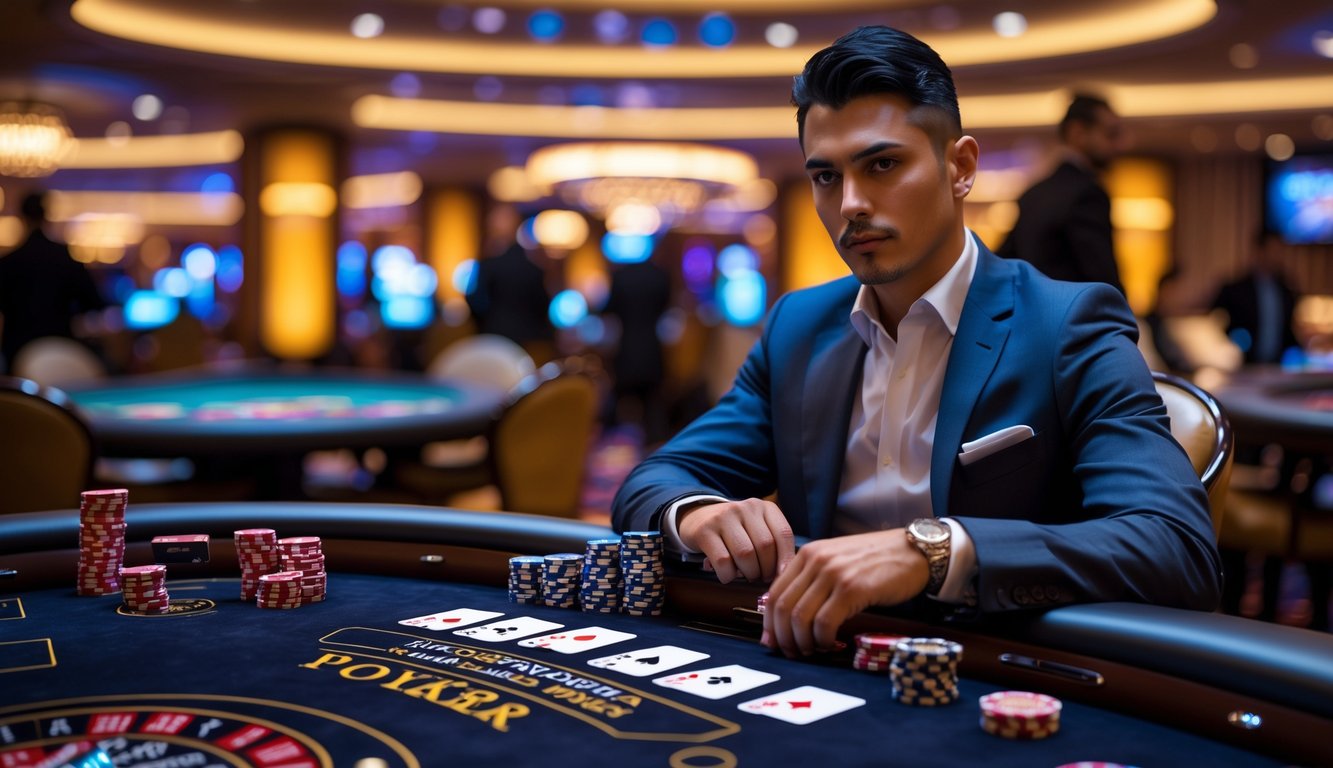 Seorang pemain poker profesional sedang bermain di meja poker dengan kartu dan chip di kasino mewah.