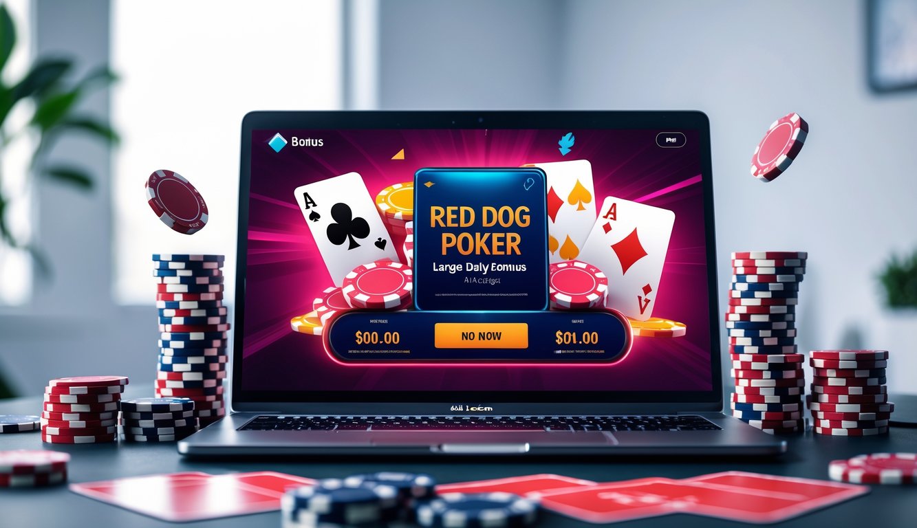 Seseorang bermain poker online dengan kartu dan chip poker di depan layar komputer.