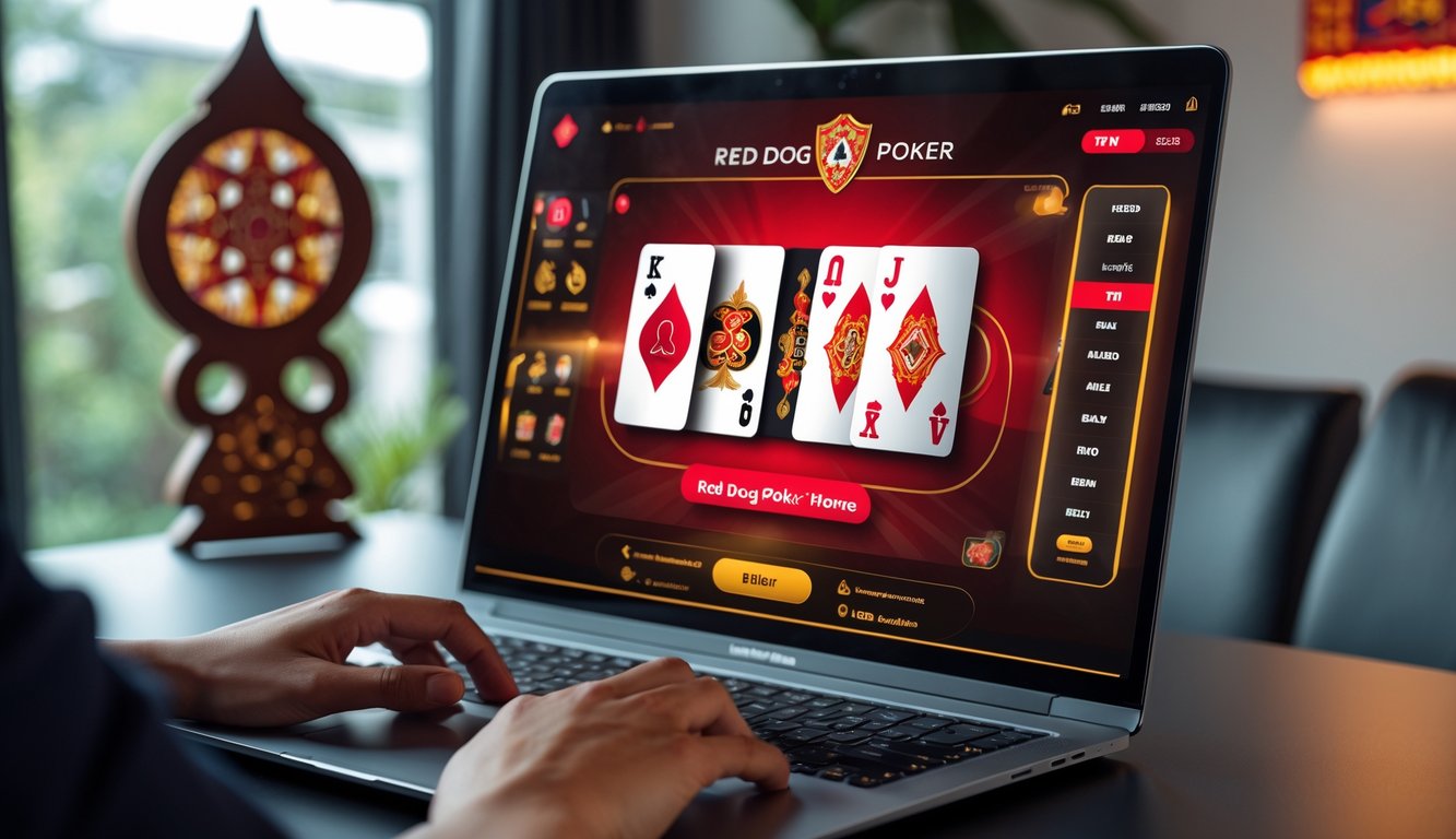 Seorang pemain poker sedang bermain permainan Red Dog Poker di komputer di ruang kerja yang rapi dengan dekorasi budaya Indonesia di latar belakang.