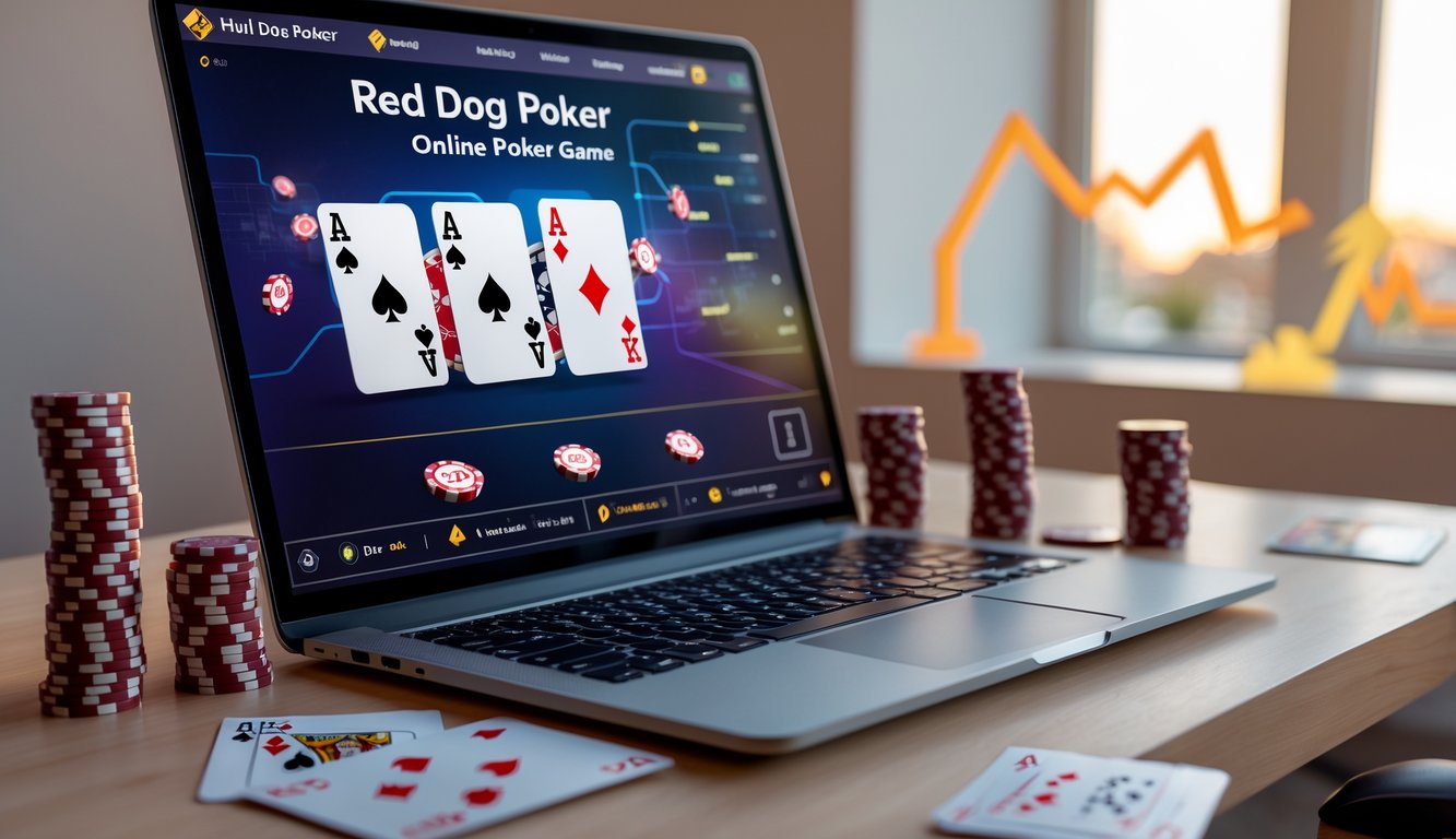 Seorang pemain poker online sedang bermain Red Dog Poker di laptop dengan tumpukan chip dan kartu di meja, di ruangan yang terang dan rapi.