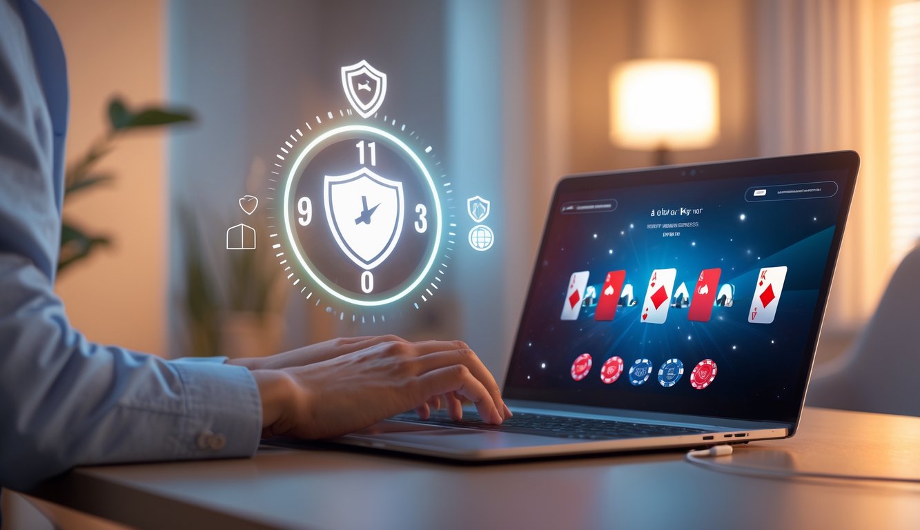 Seorang pemain poker online menggunakan komputer dengan tampilan kartu poker red dog, dikelilingi simbol keamanan dan jam 24 jam.