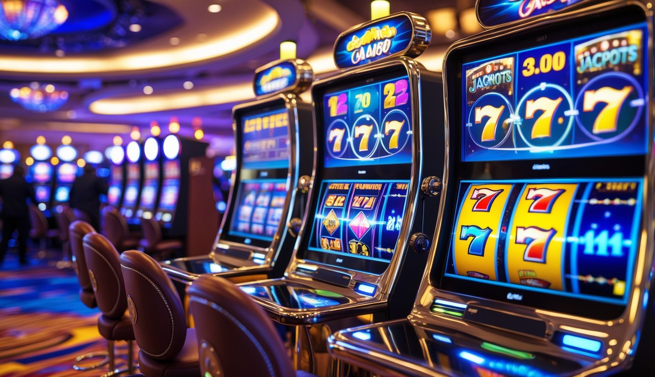 Suasana kasino modern dengan mesin slot 3D yang berwarna-warni dan tampilan jackpot besar.