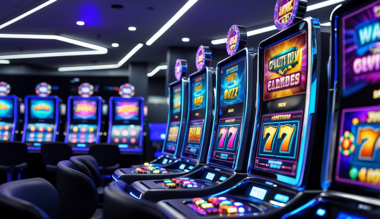 Suasana modern dengan beberapa layar mesin slot 3D digital yang berwarna-warni dan area server berteknologi tinggi di latar belakang.