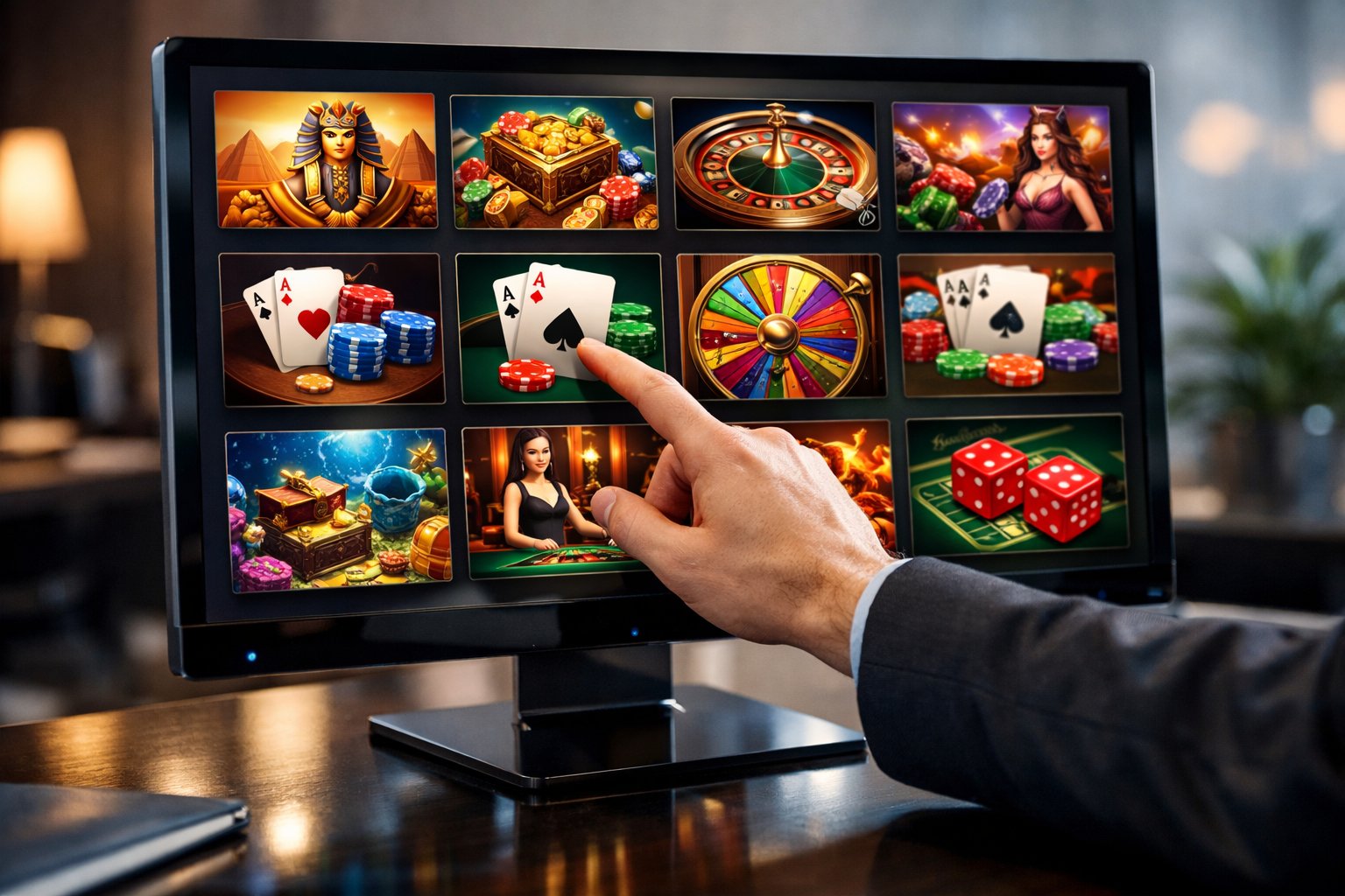 A Computer Screen Showing A Selection Of Colorful Casino Game Icons With A Hand Interacting With The Display.