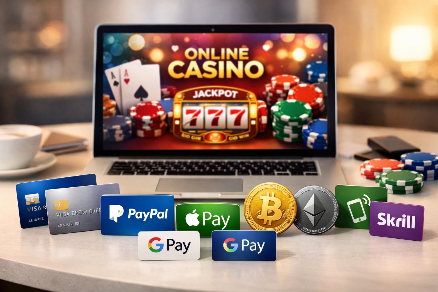 A Computer On A Desk Showing An Online Casino Website Surrounded By Various Payment Method Icons Including Credit Cards And Digital Wallets.