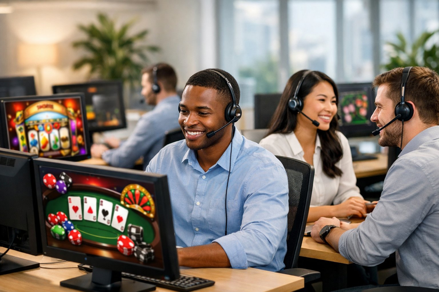 Customer Support Team Wearing Headsets Working At Computers In A Bright Office With CasinoThemed Screens.