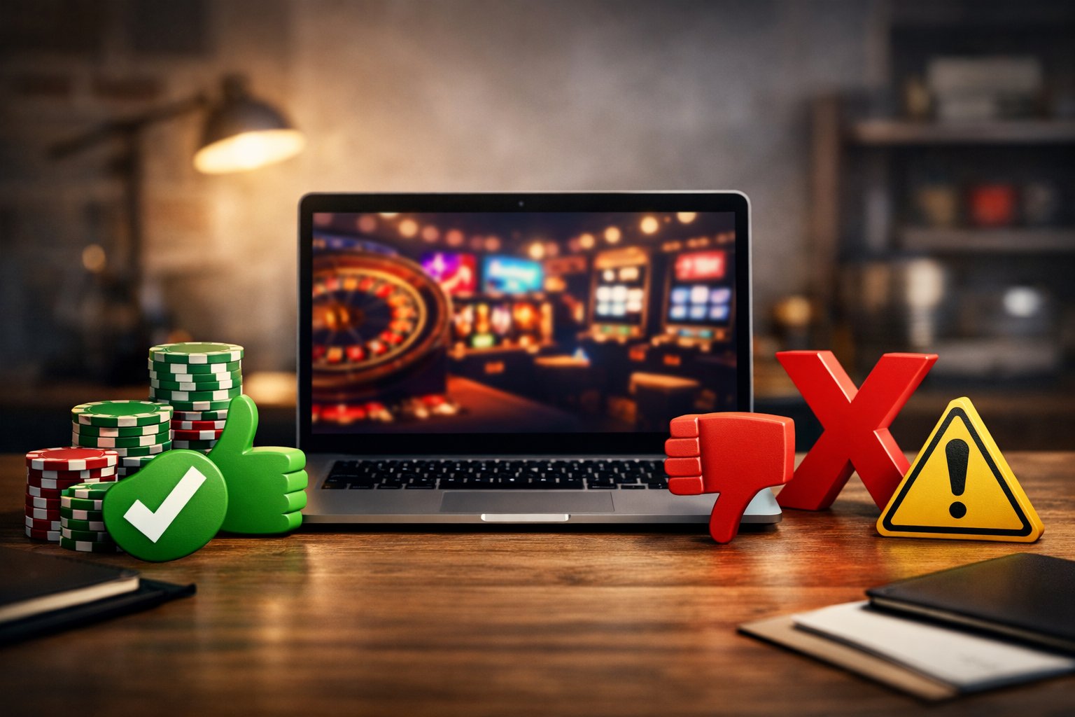 A Laptop On A Desk Surrounded By Icons And Objects Representing Positive And Negative Aspects Of A Casino Review.