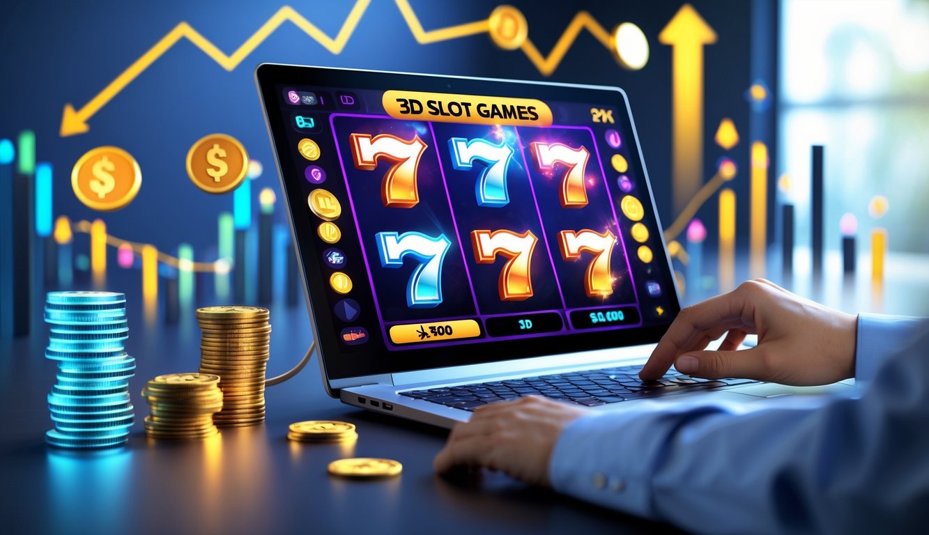 Seseorang menggunakan komputer dengan tampilan permainan slot 3D berwarna cerah di layar, dikelilingi oleh simbol koin digital dan grafik keuangan.