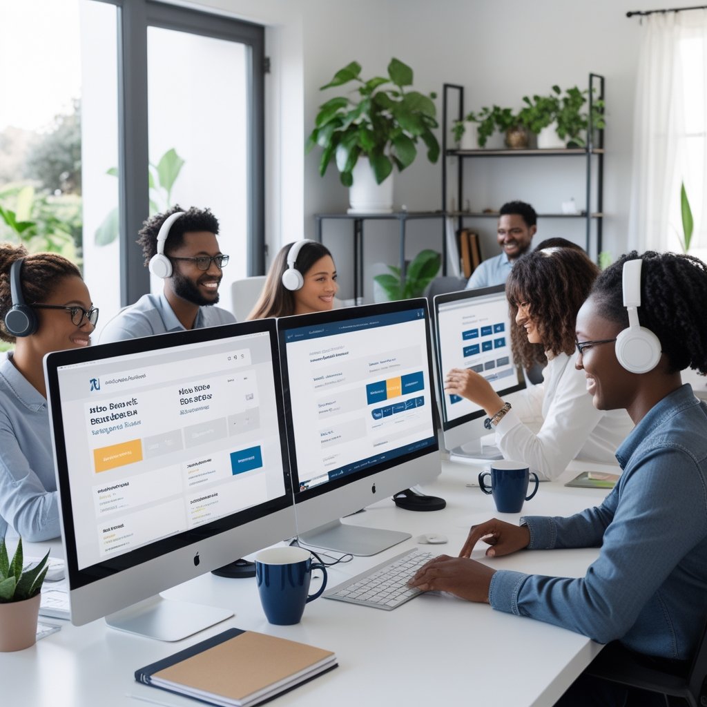A diverse group of professionals working remotely at a bright home office with multiple computer screens and office supplies.