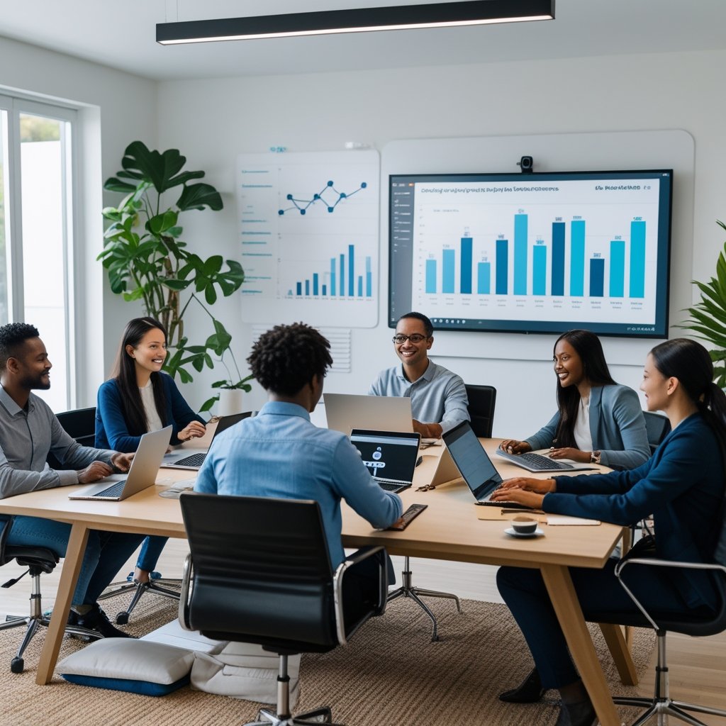 Diverse remote workers collaborating in a bright home office with laptops and a large screen showing charts.
