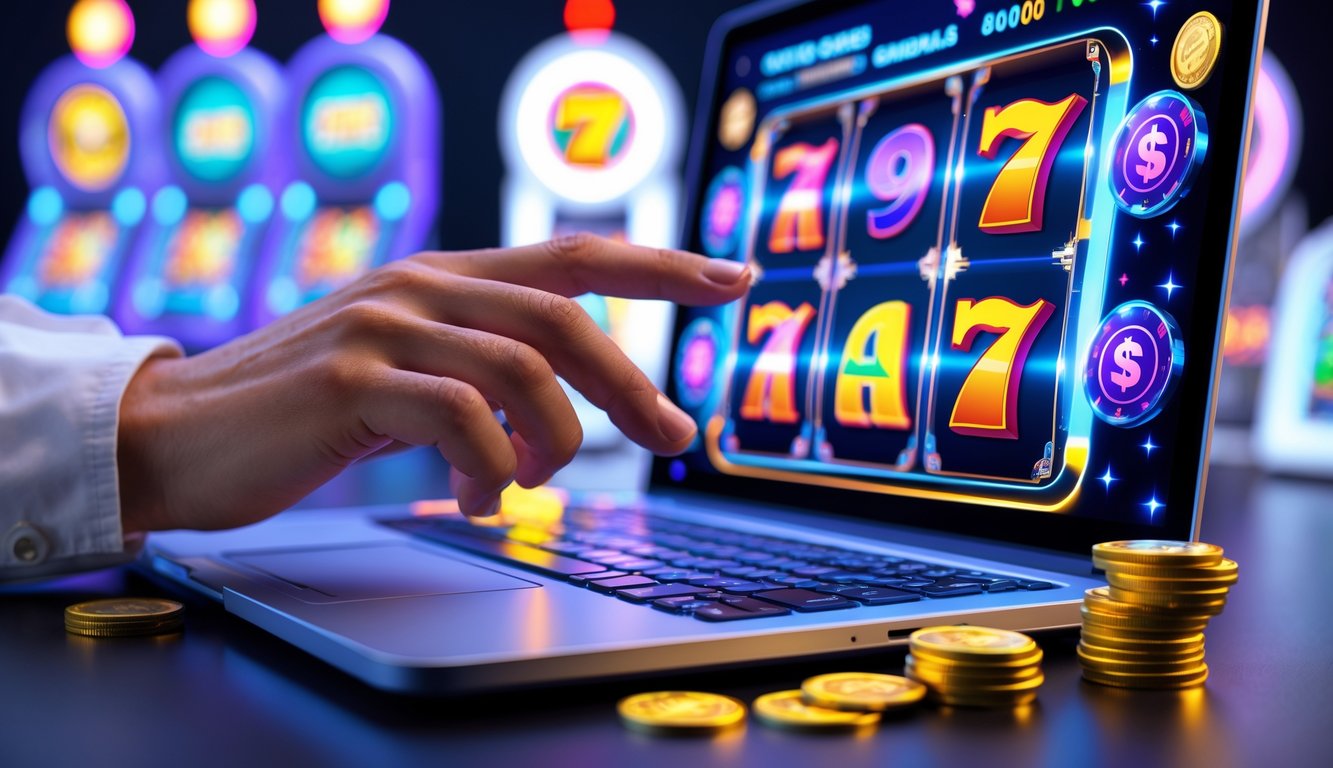 Seseorang menggunakan laptop dengan layar menampilkan permainan slot 3D berwarna-warni di lingkungan digital yang modern dan profesional.