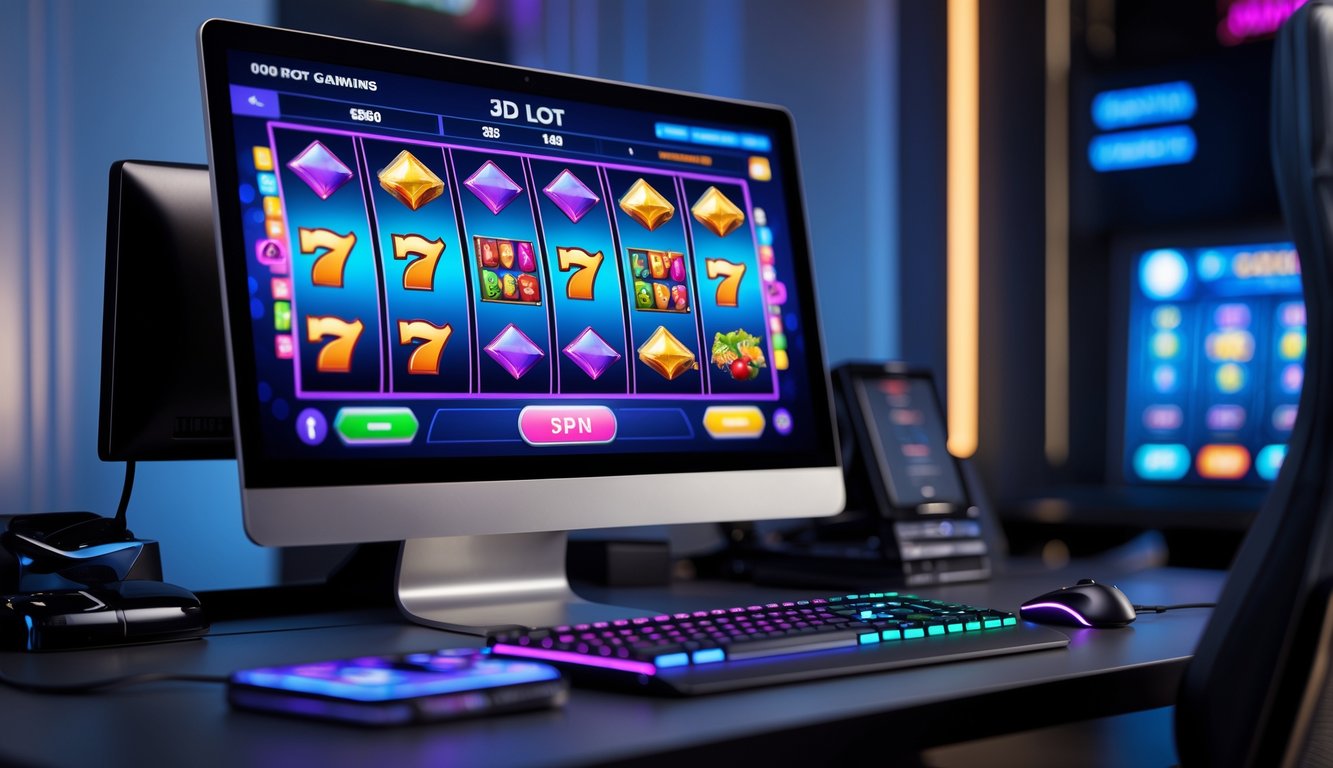 Sebuah ruangan dengan komputer yang menampilkan permainan mesin slot 3D berwarna-warni, suasana terlihat aman dan profesional.