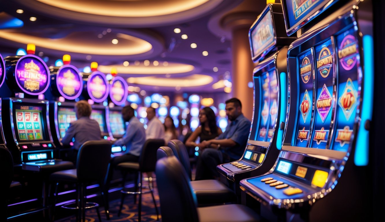 Suasana kasino dengan mesin slot 3D yang berwarna-warni dan orang-orang yang sedang bermain dengan antusias.