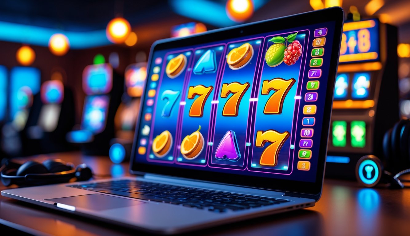 Sebuah layar komputer menampilkan permainan slot 3D berwarna-warni dengan latar ruangan modern dan pencahayaan redup, menunjukkan suasana kasino online yang aktif dan terpercaya.