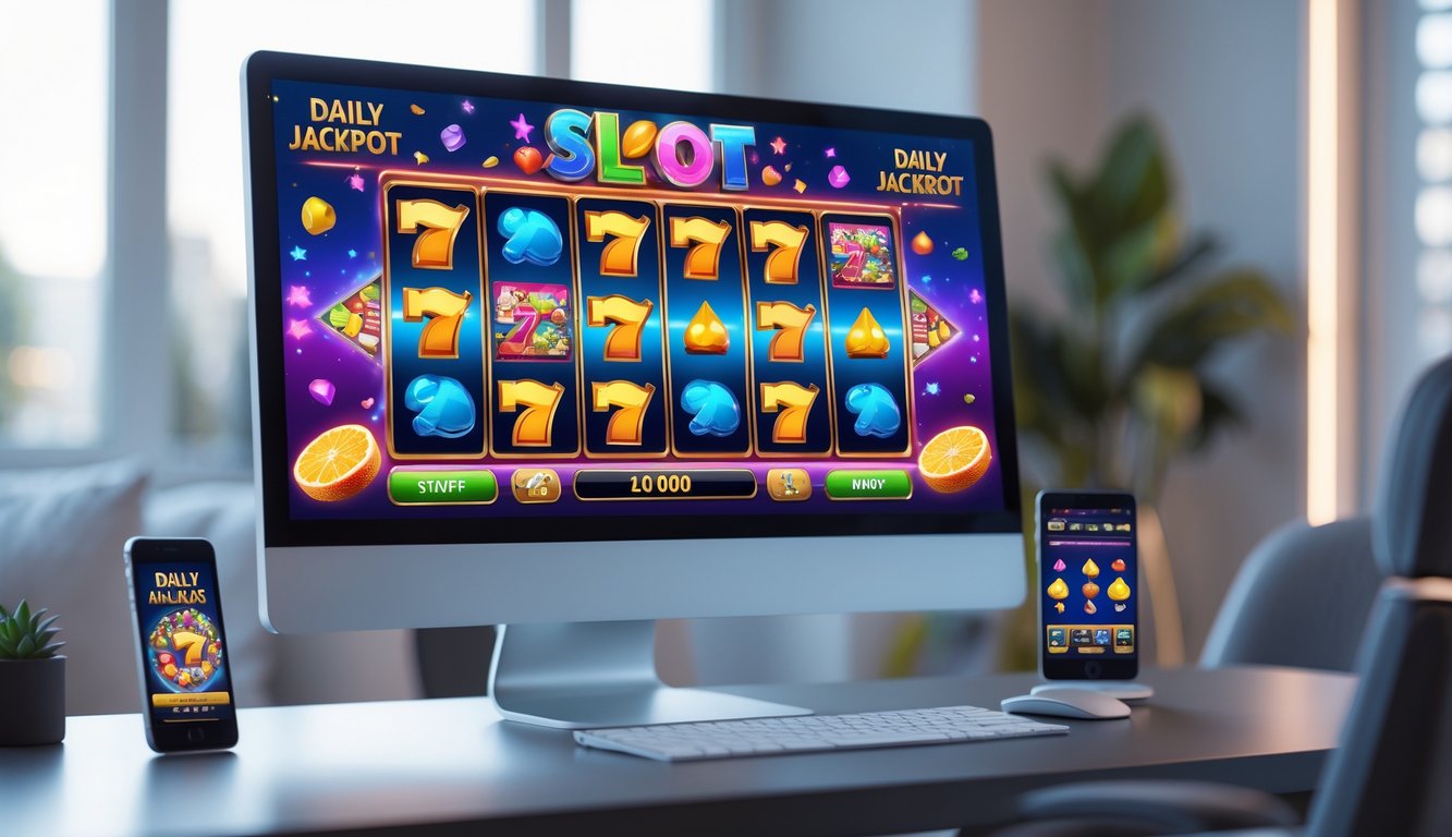 Sebuah komputer di ruang kerja modern menampilkan permainan slot 3D berwarna-warni dengan simbol keberuntungan di layar.