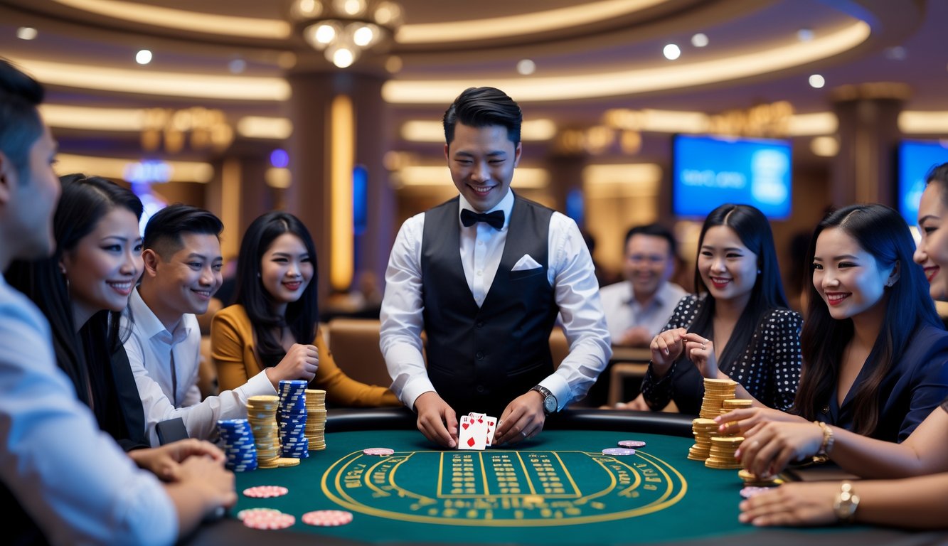 Meja permainan kasino dengan dealer dan pemain yang sedang bermain kartu, suasana penuh antusiasme dan kemenangan.