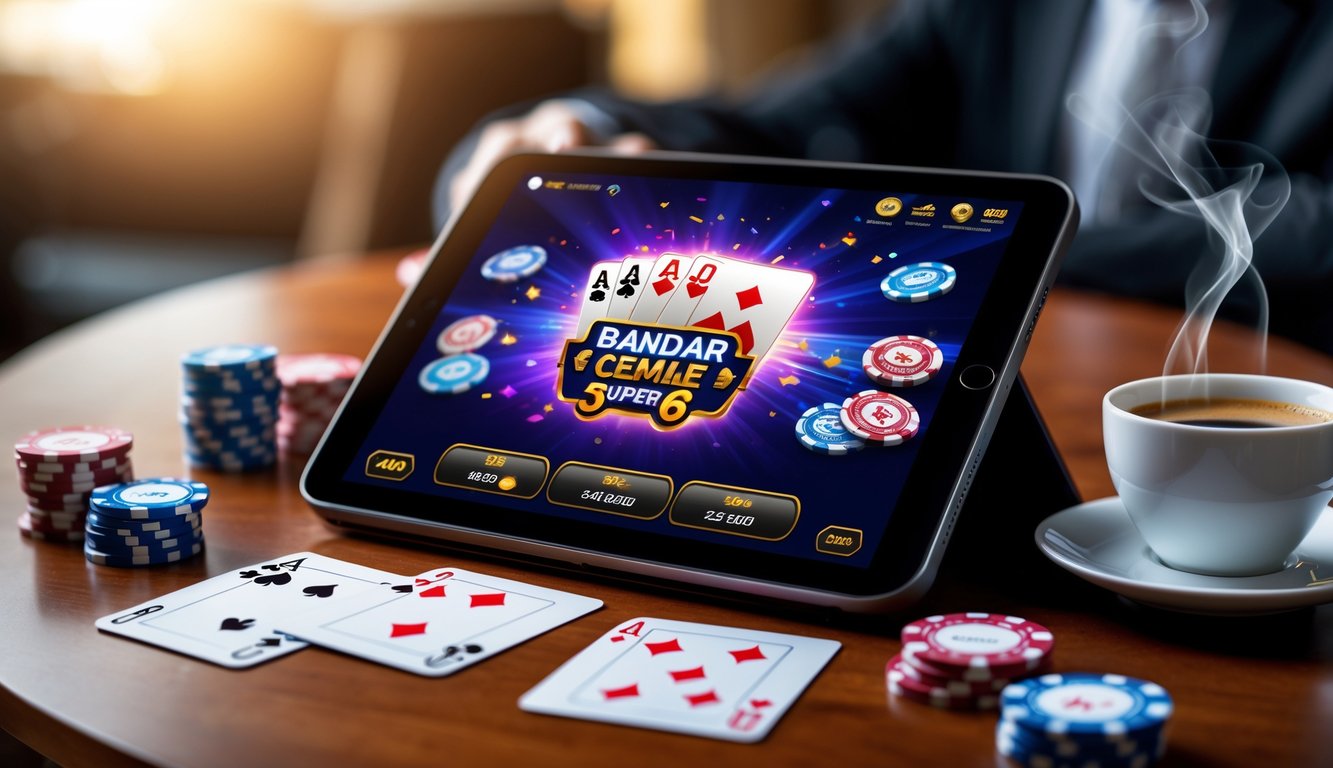 Seseorang menggunakan tablet untuk bermain permainan kartu Bandar Ceme Super 6 dengan chip poker dan kartu di atas meja kayu.