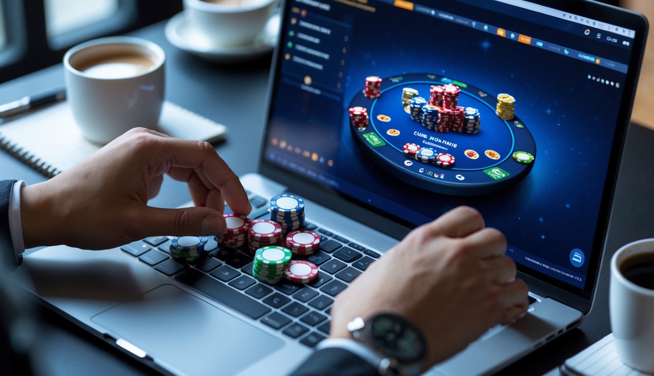 Tangan yang sedang meletakkan chip poker berwarna-warni di meja permainan digital pada layar laptop di ruang bermain yang rapi dan terang.