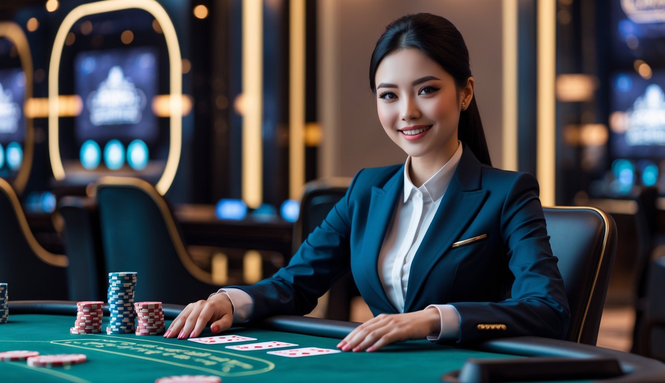 Seorang dealer profesional duduk di meja judi dengan kartu dan chip, di latar belakang suasana kasino modern dengan pencahayaan redup.