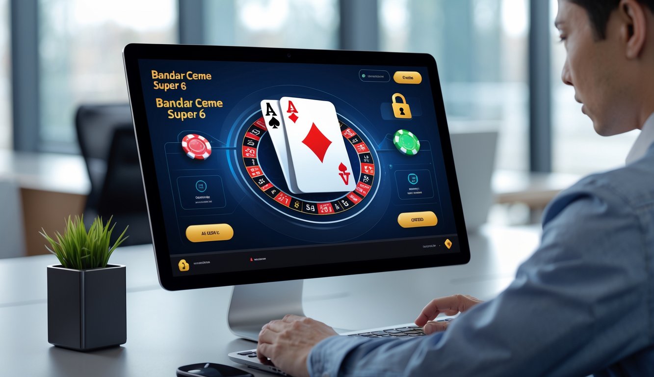 Seseorang menggunakan laptop di kantor modern dengan tampilan permainan kartu digital dan ikon transaksi cepat yang menunjukkan keamanan dan kepercayaan.