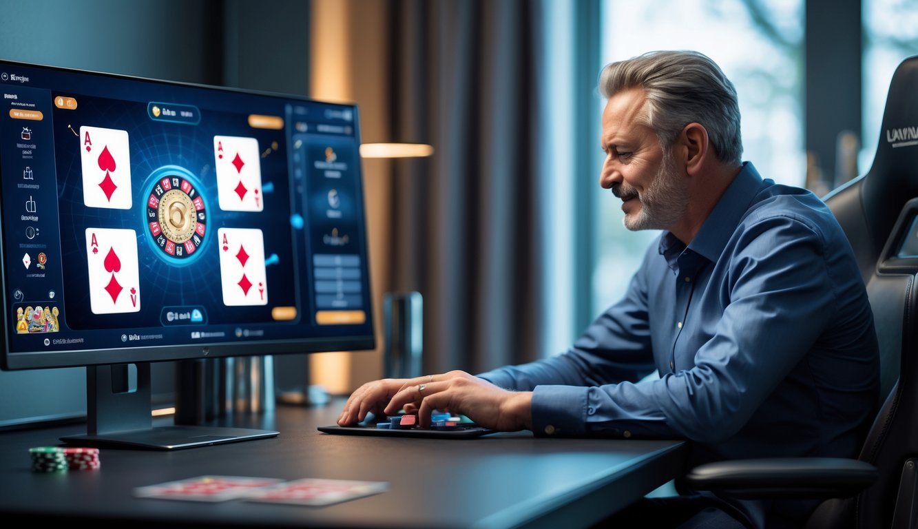 Seorang pria paruh baya duduk di depan meja dengan layar komputer menampilkan permainan kartu online, terlihat fokus dan menikmati permainan di ruangan nyaman.