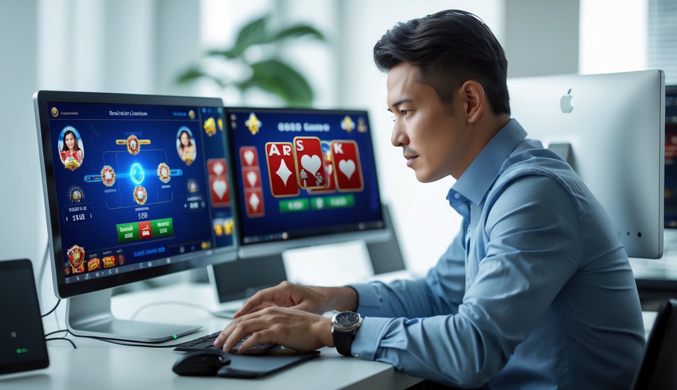 Seorang pria dewasa sedang bermain permainan kartu online di laptop dengan beberapa layar komputer di sekitarnya dalam ruangan yang rapi dan terang.