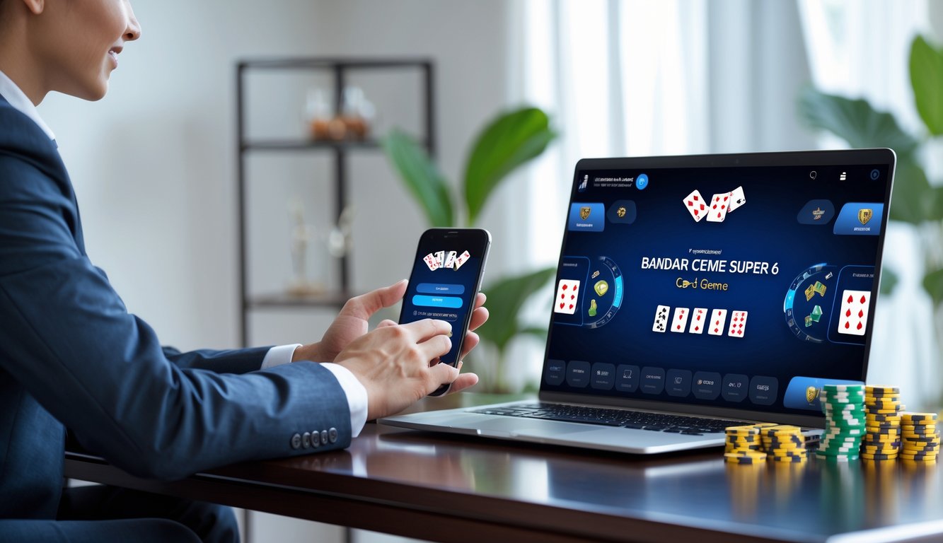 Seseorang menggunakan laptop dan ponsel untuk bermain permainan kartu Bandar Ceme Super 6 di meja kayu dengan suasana terang dan rapi.