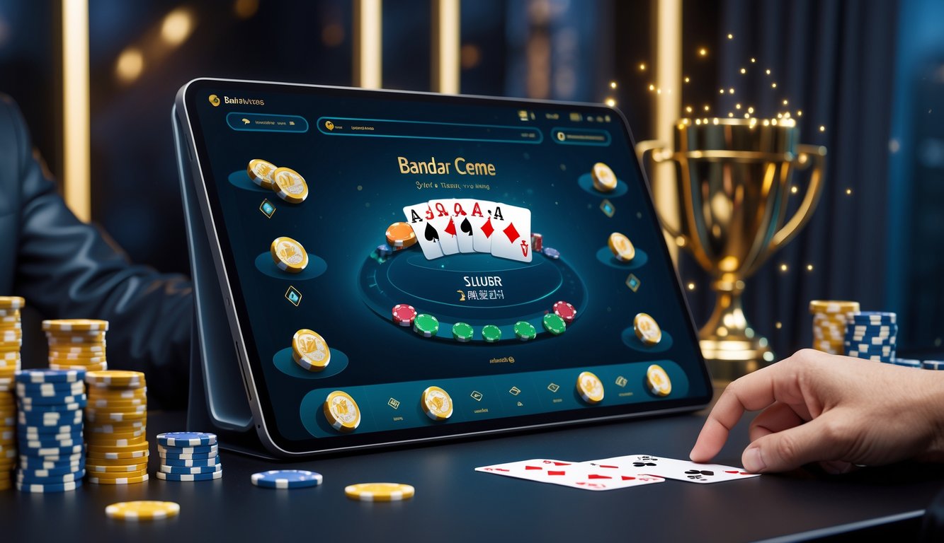 Suasana permainan kartu Bandar Ceme online dengan perangkat digital dan tumpukan chip di atas meja.