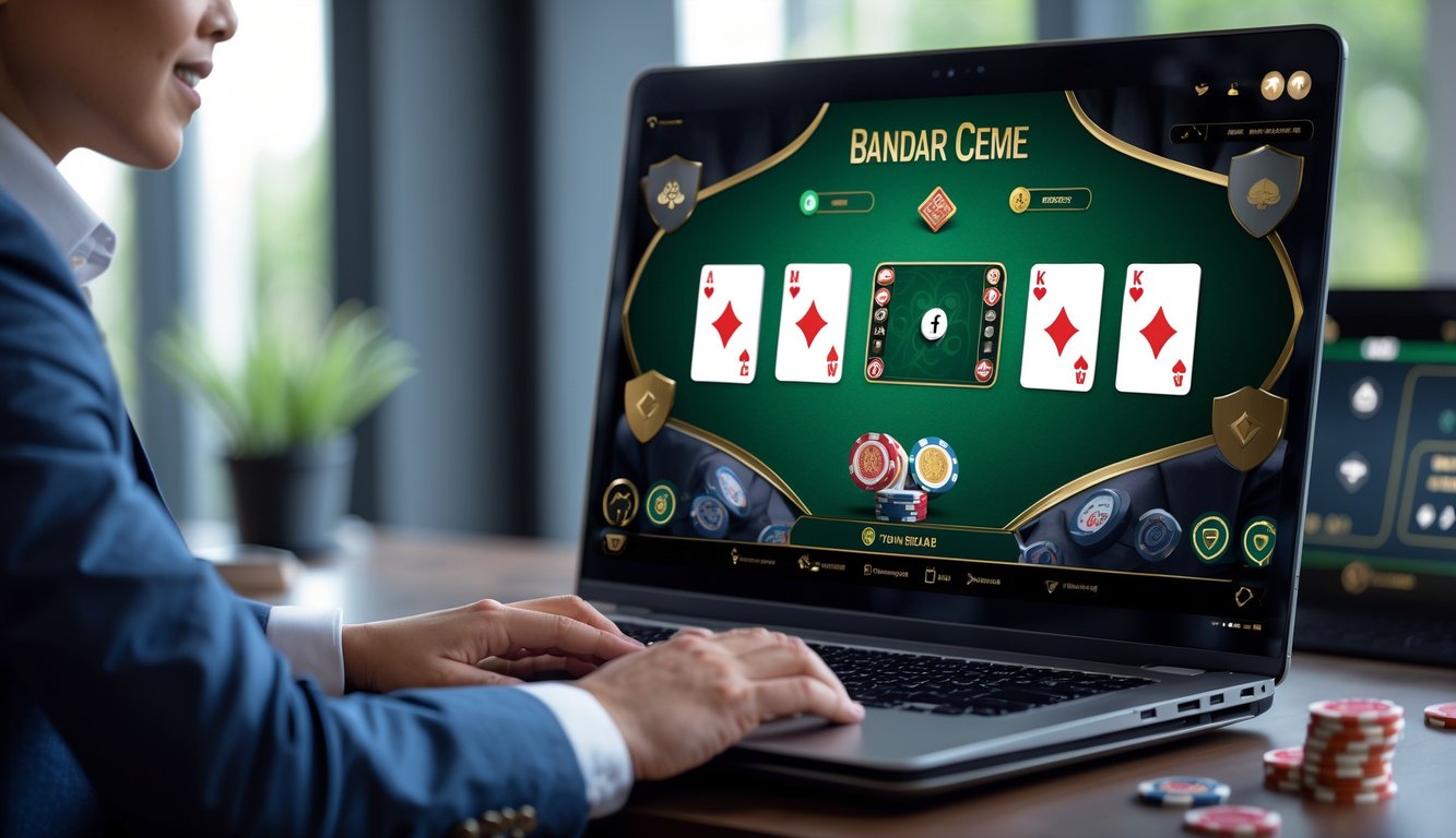 Seorang pemain atau dealer sedang menggunakan komputer dengan permainan kartu Bandar Ceme di layar dalam suasana yang aman dan profesional.