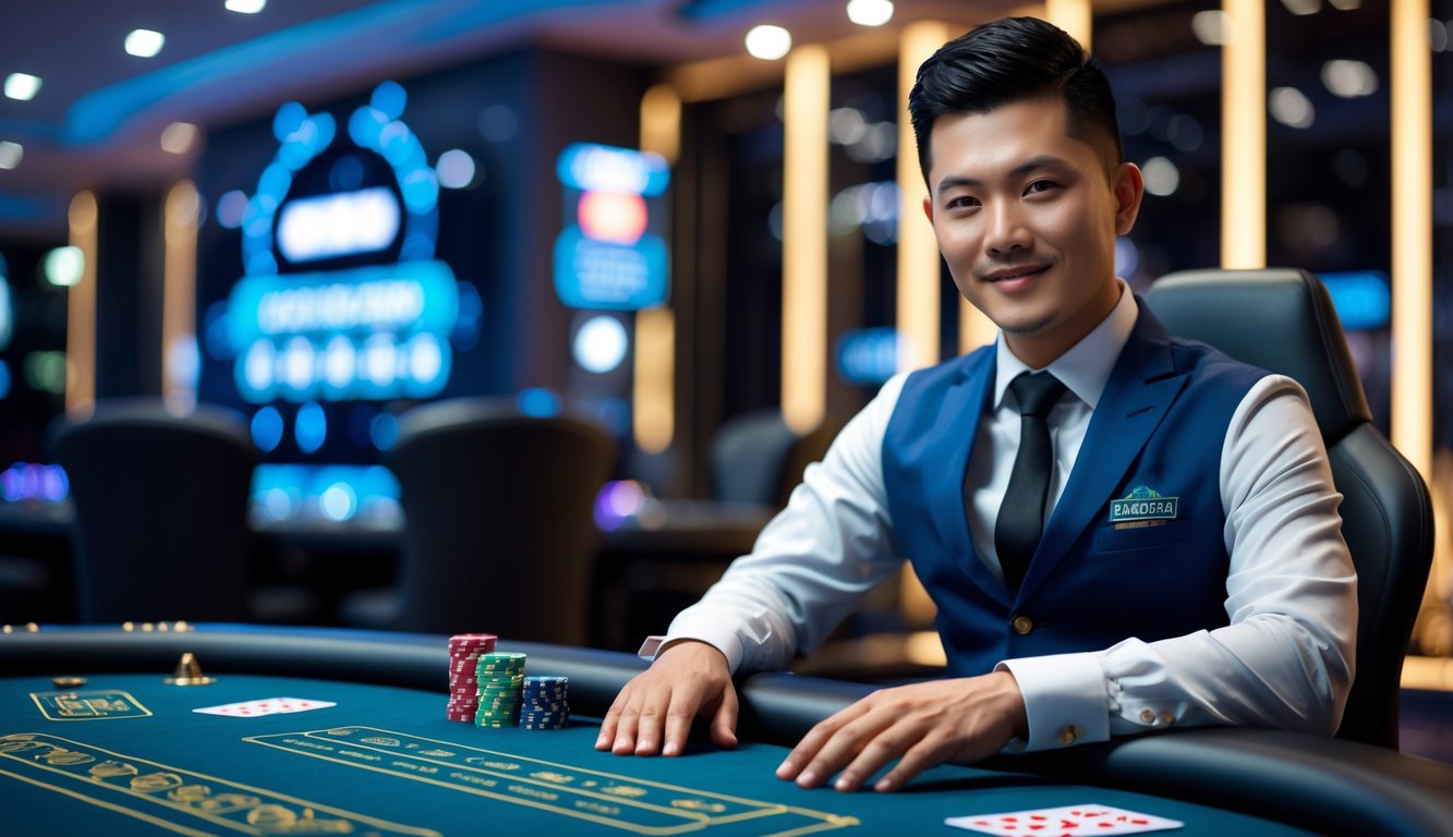 Seorang dealer profesional duduk di meja kasino dengan kartu dan chip, menunjukkan suasana transaksi cepat dan layanan bandar ceme.