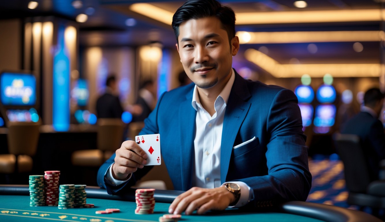 Seorang pria Asia duduk di meja permainan kasino dengan kartu dan tumpukan chip kecil, terlihat fokus dan percaya diri.