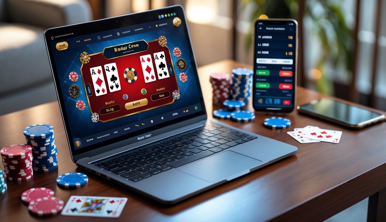 Seorang pemain menggunakan laptop dengan kartu dan chip judi di meja kayu, suasana nyaman di rumah.