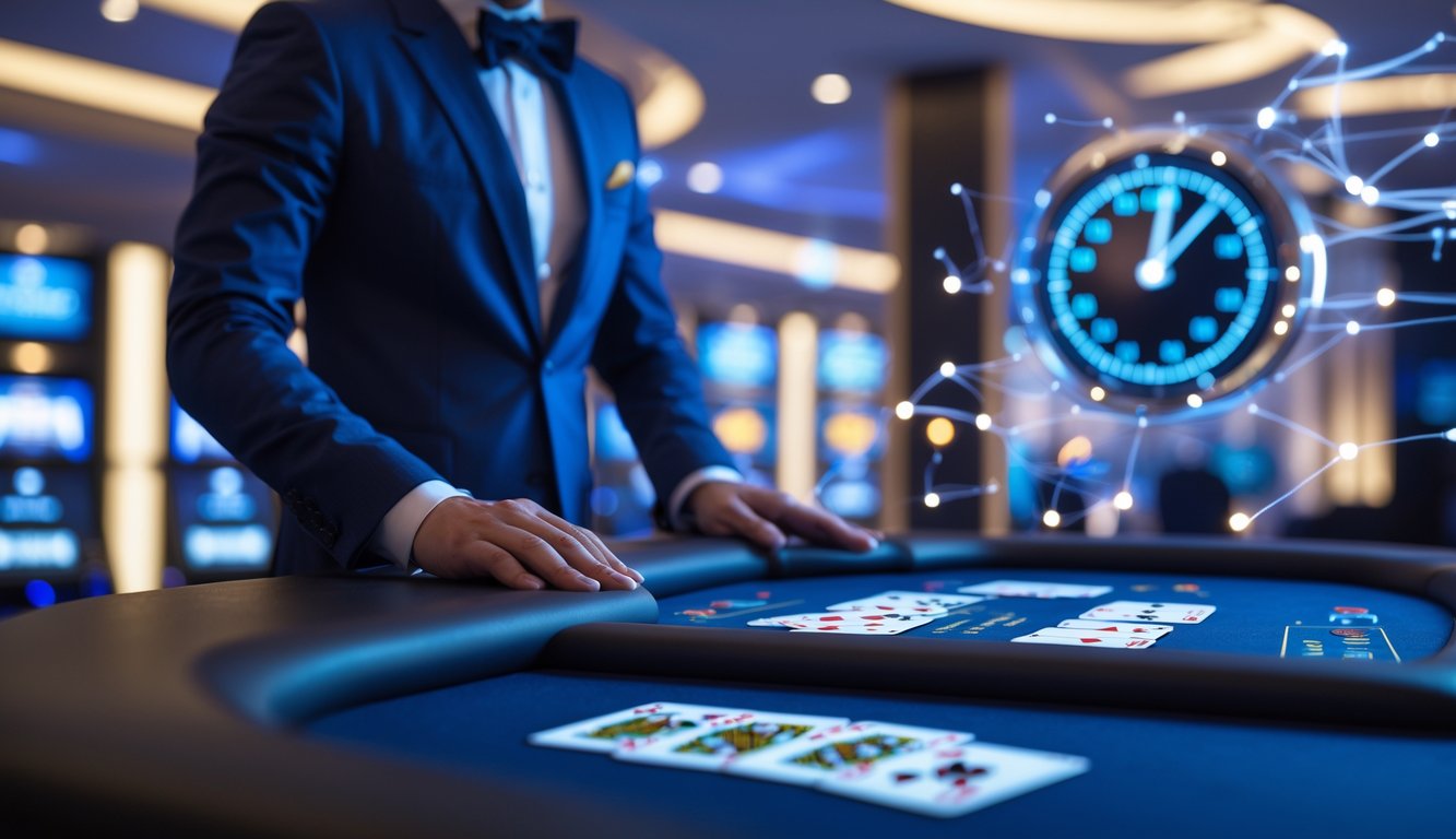 Seorang dealer profesional sedang mengatur kartu di meja judi digital dengan latar belakang elemen teknologi dan simbol jam 24 jam.