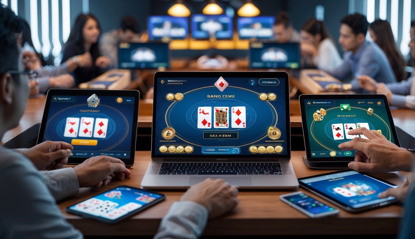 Orang-orang bermain judi Bandar Ceme secara online menggunakan komputer dan perangkat digital di lingkungan yang aman dan terpercaya.
