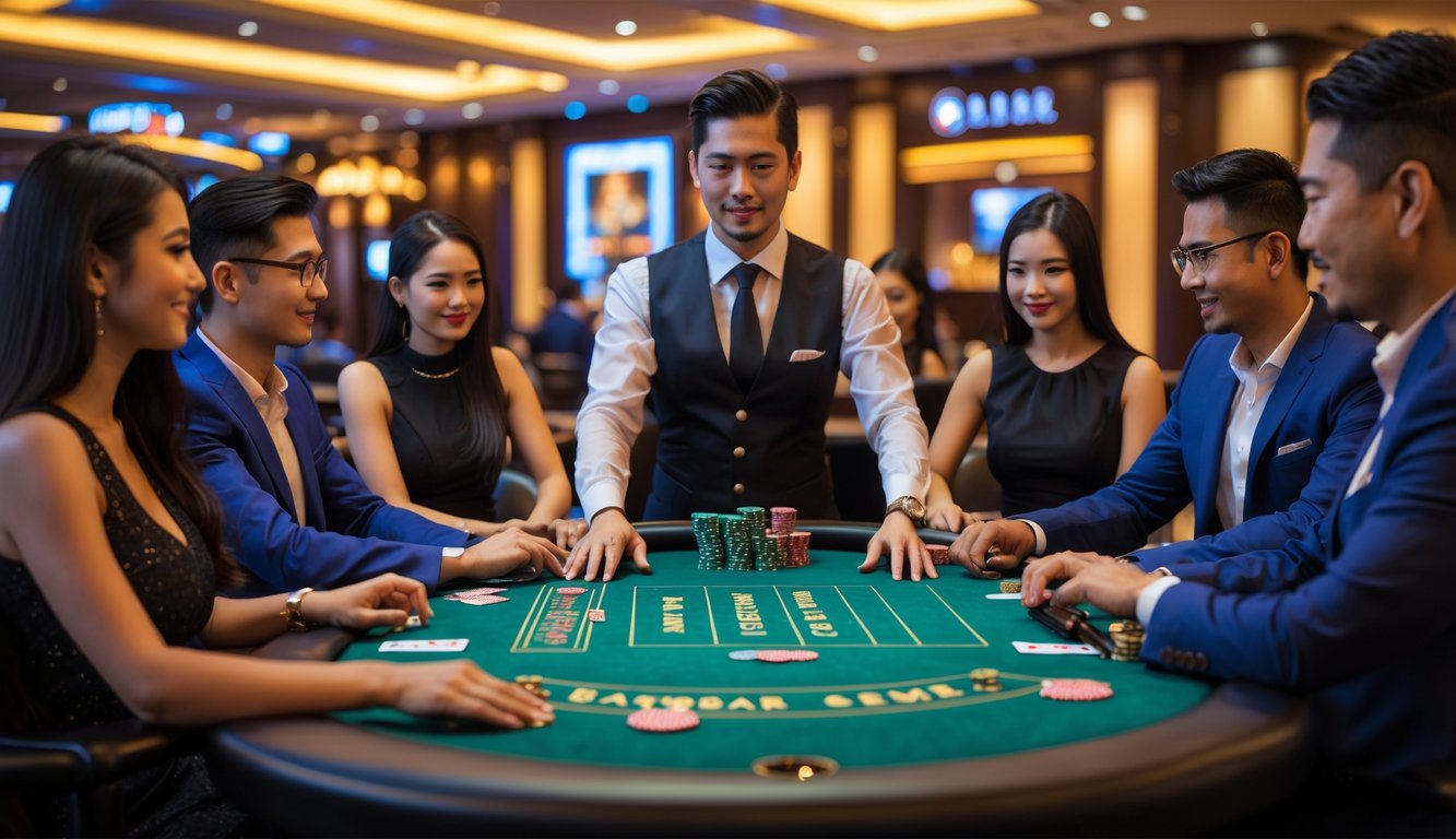 Seorang dealer bandar ceme yang profesional sedang melayani pemain di meja judi dengan suasana kasino yang mewah dan ramai.